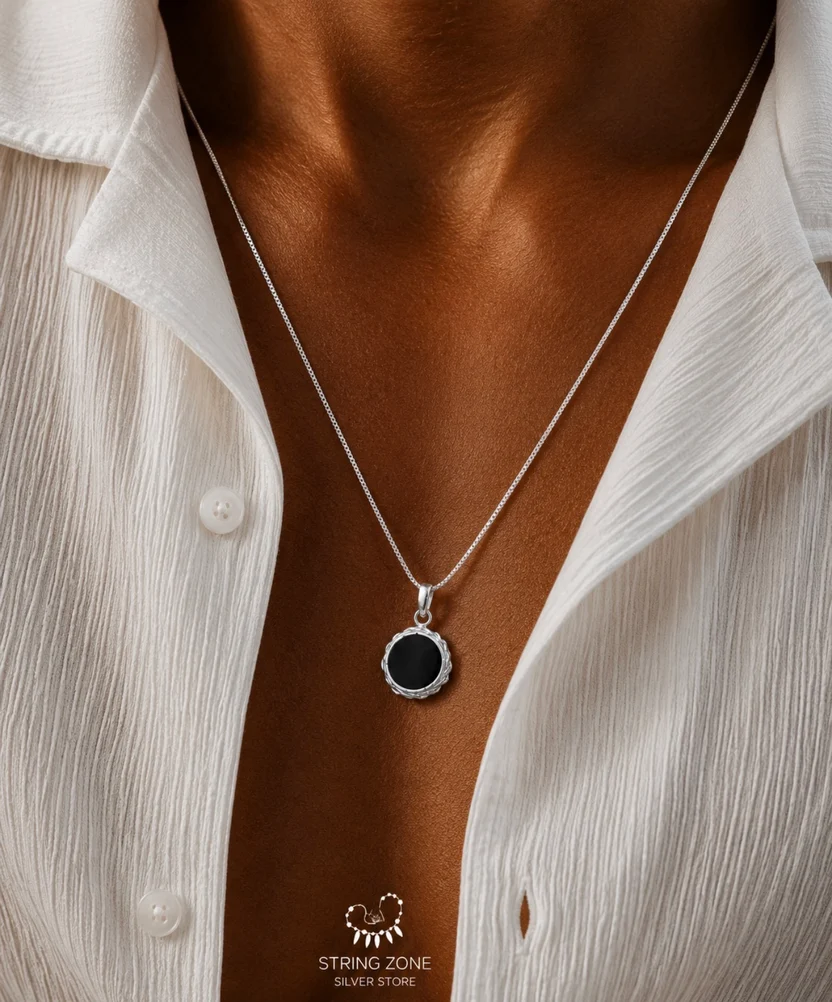 Italian Silver Chain with Black Stone Pendant