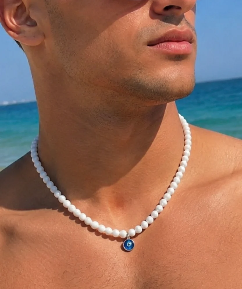 White Onyx Beaded Necklace with 925 Sterling Silver Evil Eye Pendant